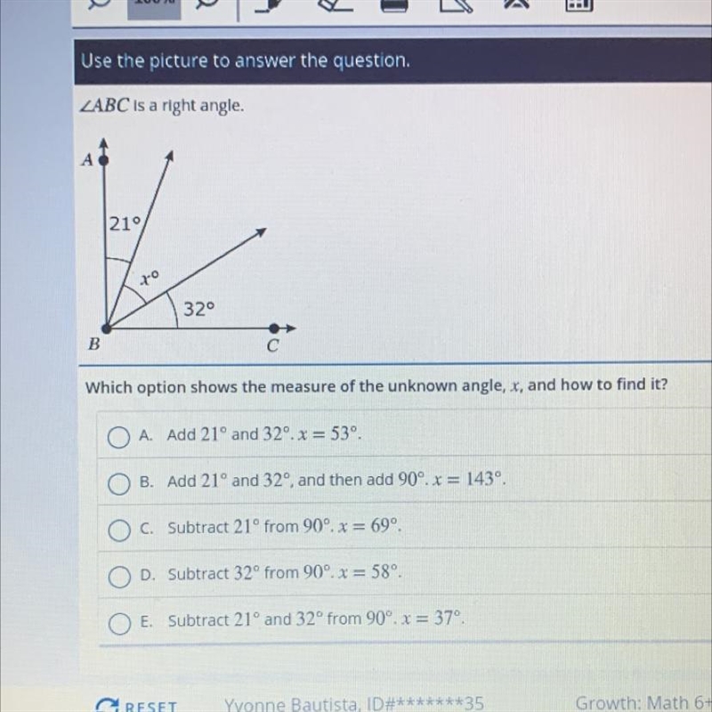 Which option shows the measure of the unknown angle,x and how to find it-example-1