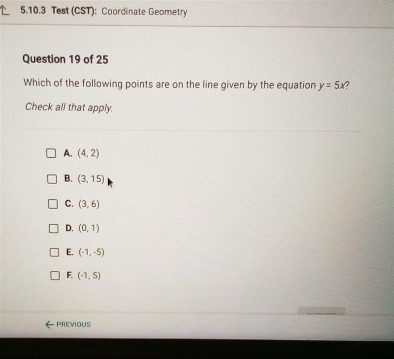 Which of the following points are on the line given by the equation y equals 5X​-example-1