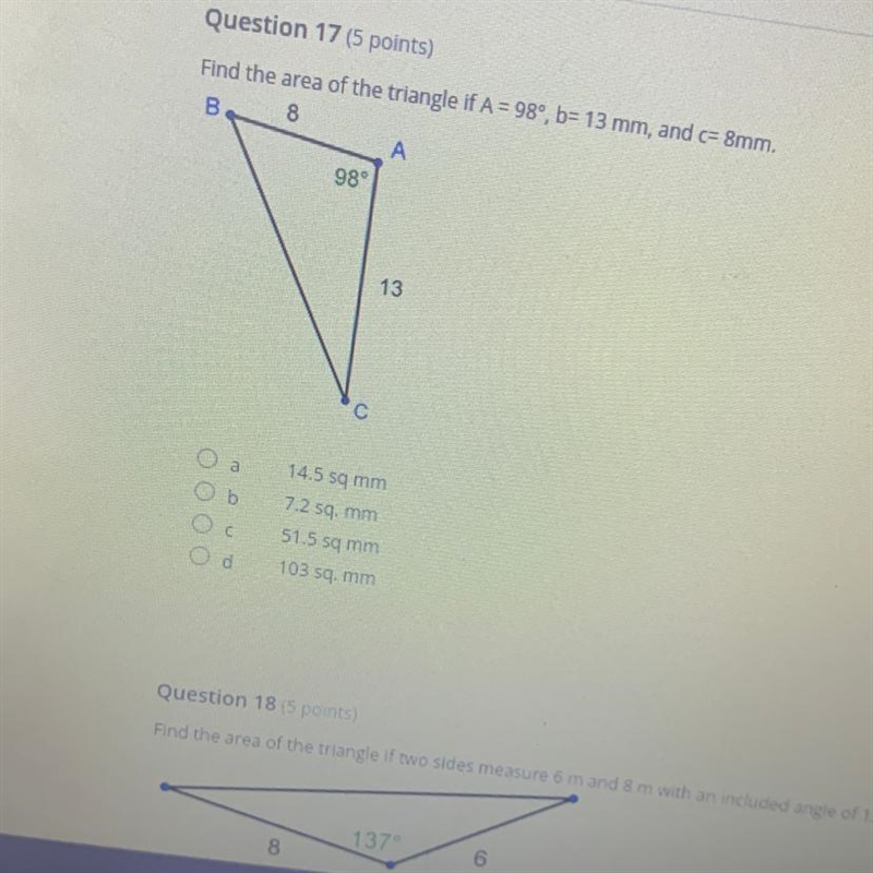 Find the area of the triangle if A = 989, b= 13 mm, and c= 8mm.-example-1