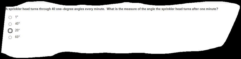 A sprinkler head turns through 40 one–degree angles every minute. What is the measure-example-1