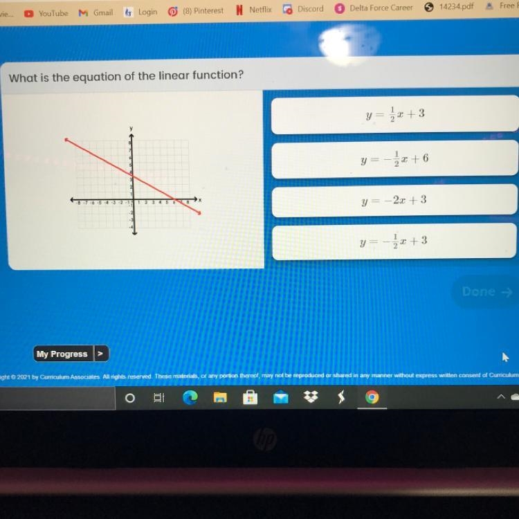 URGENT PLEASE HELP!! What is the equation of the linear function? A. y = 1/2x + 3 B-example-1