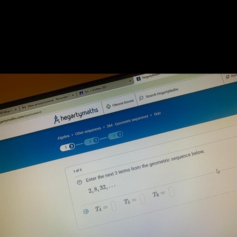 1 of 3 Enter the next 3 terms from the geometric sequence below. 2,8,32,... T4= T-example-1