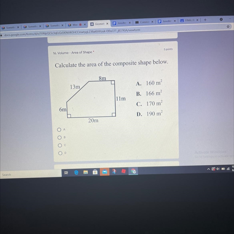 Calculate the area of the composite shape below. 8m 13m A. 160 m² B. 166 m² 11m 6m-example-1