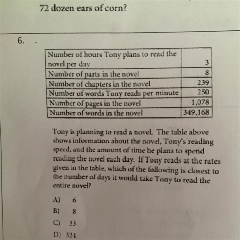 Number of hours Tony plans to read the novel per day 8 Number of parts in the novel-example-1