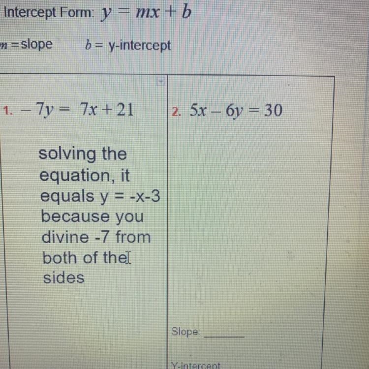 I need 5x - 6y = 30 super bad including The Slope and the Y-Intercept, please I need-example-1