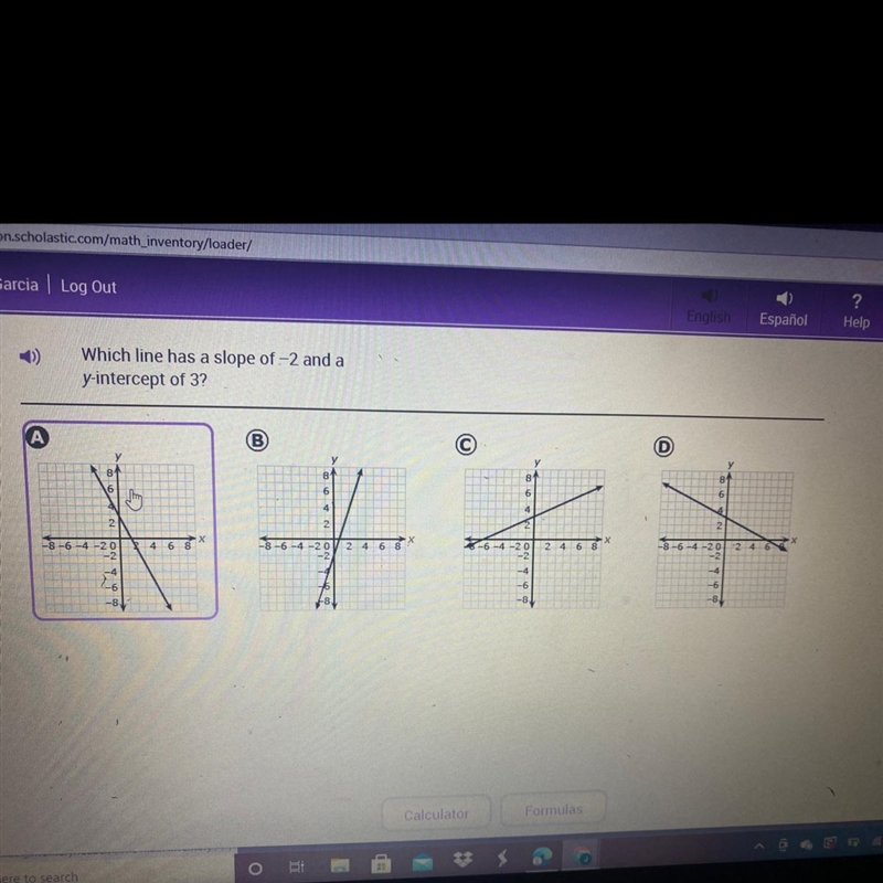 Which line has a slope of -2 and y-intercept of 3-example-1