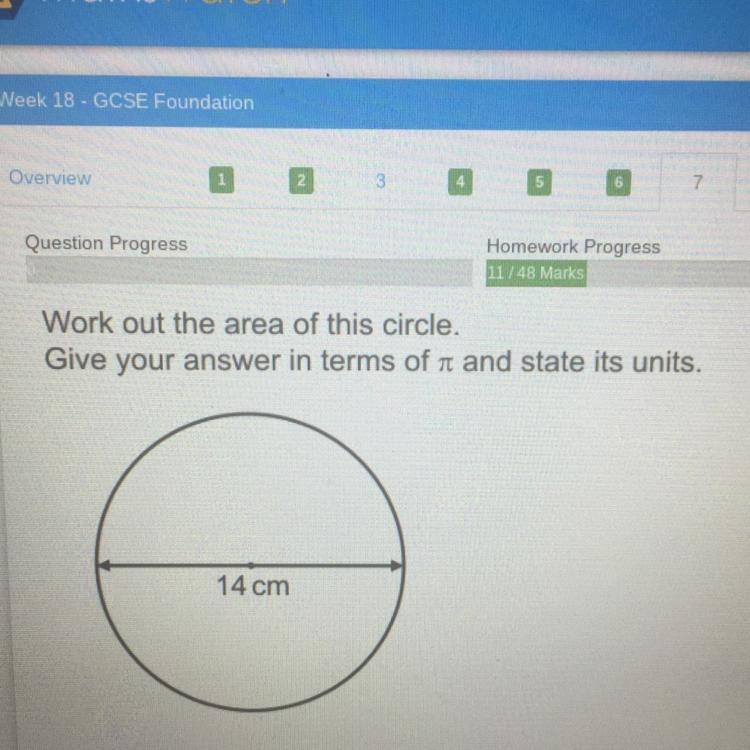 Work out the area of this circle. Give your answer in terms of it and state its units-example-1