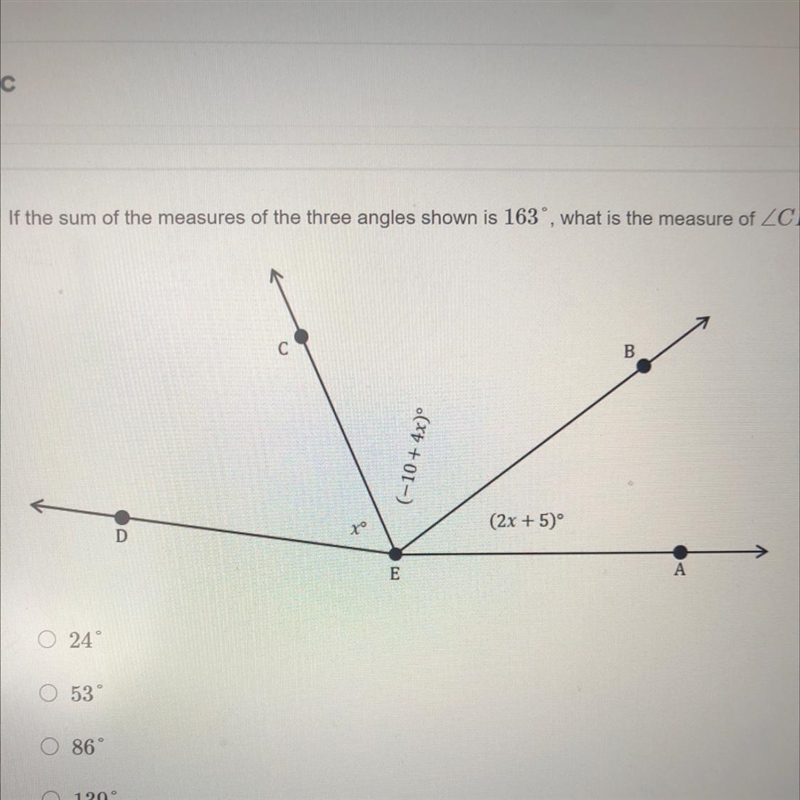 If the sum of the measures of the three angles shown is 163°, what is the measure-example-1