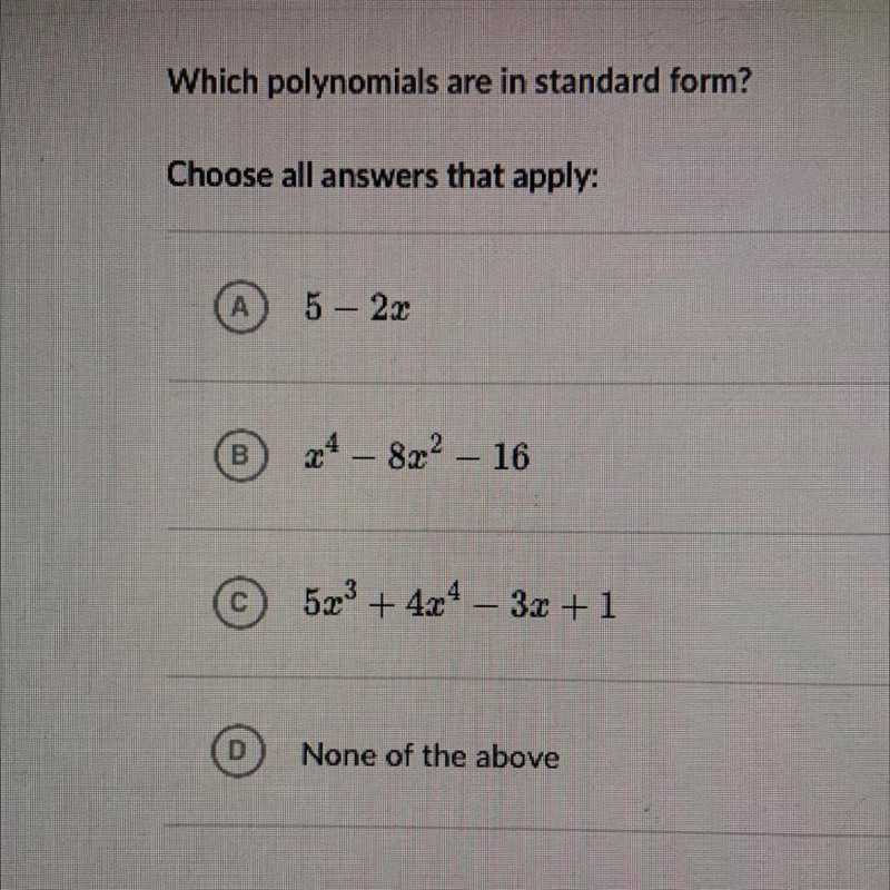 Which polynomials are in standard form?-example-1