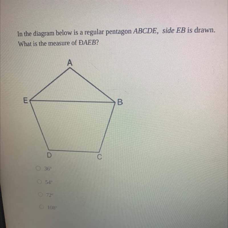 In the diagram below is a regular pentagon ABCDE, side EB is drawn. What is the measure-example-1