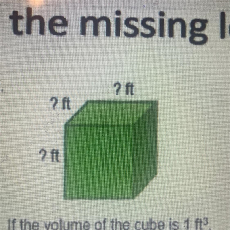 ? ft ? ft ? ft If the volume of the cube is 1 ft3 Find the missing length-example-1