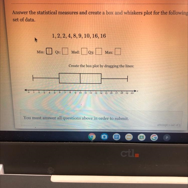 Answer the statistical measures and create a box and whiskers plot for the following-example-1