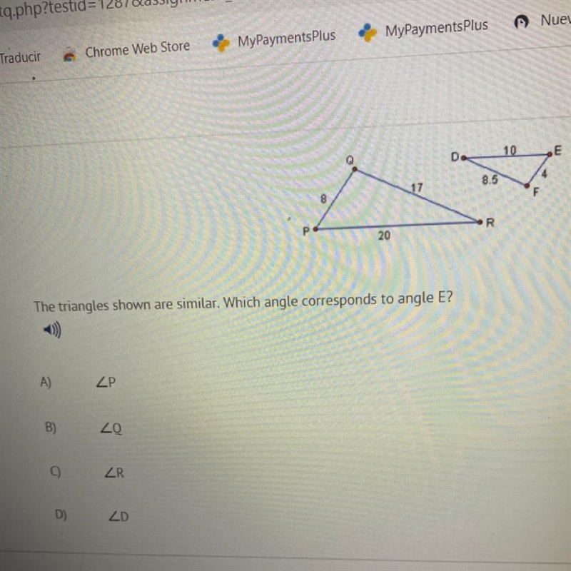 The triangles shown are similar. Which angle corresponds to angle E-example-1