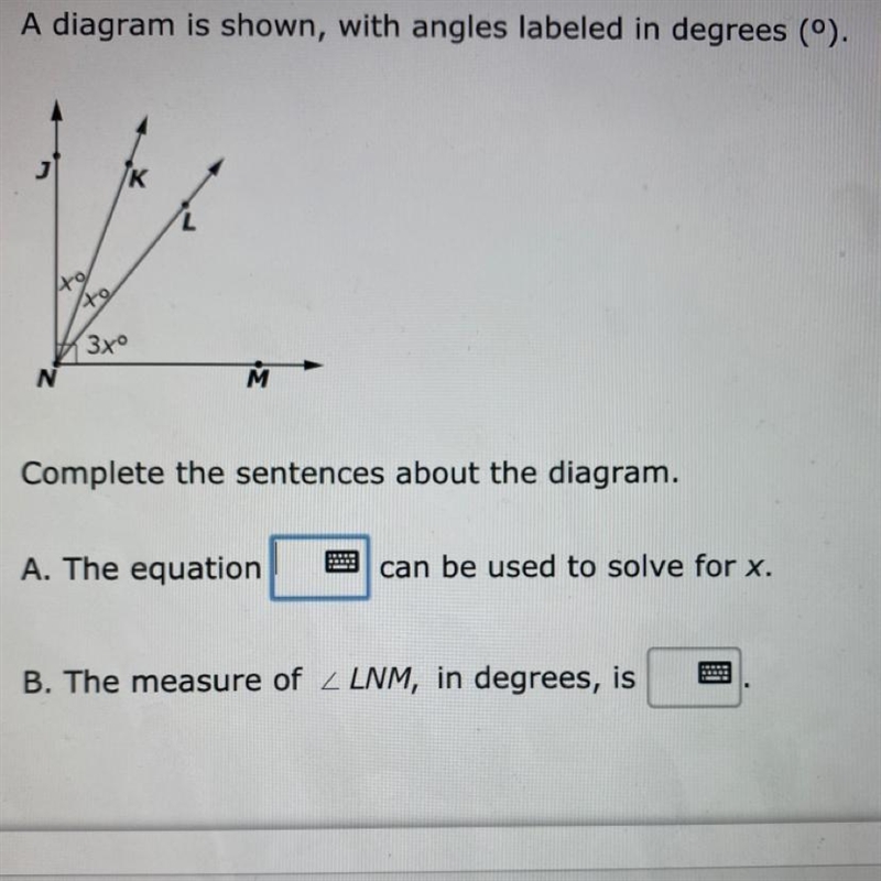 A diagram is shown, with angels labeled in degrees complete the sentences about the-example-1