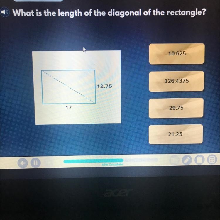 What is the length of the diagonal of the rectangle? 10.625 126.4375 29.75 21.25-example-1