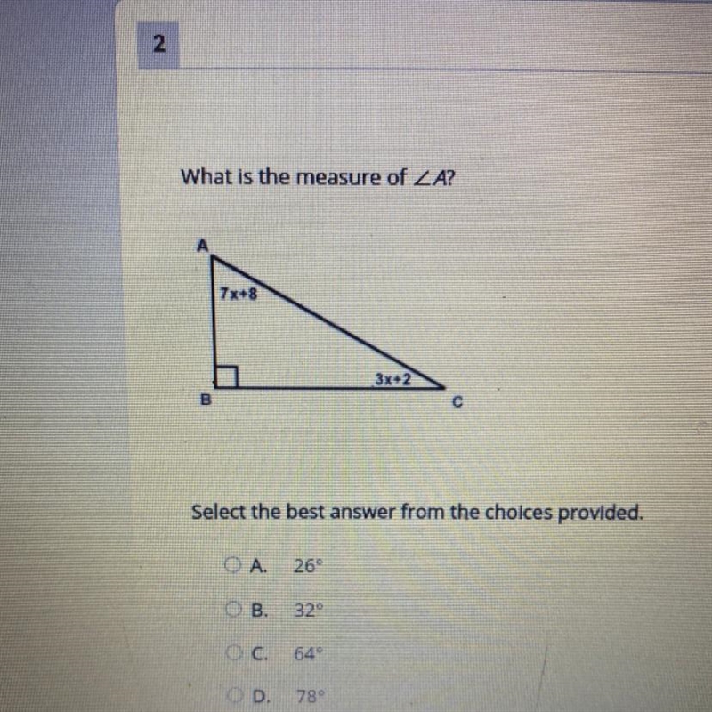 What is the measure of angle A? Select the best answer from the choices provided. A-example-1