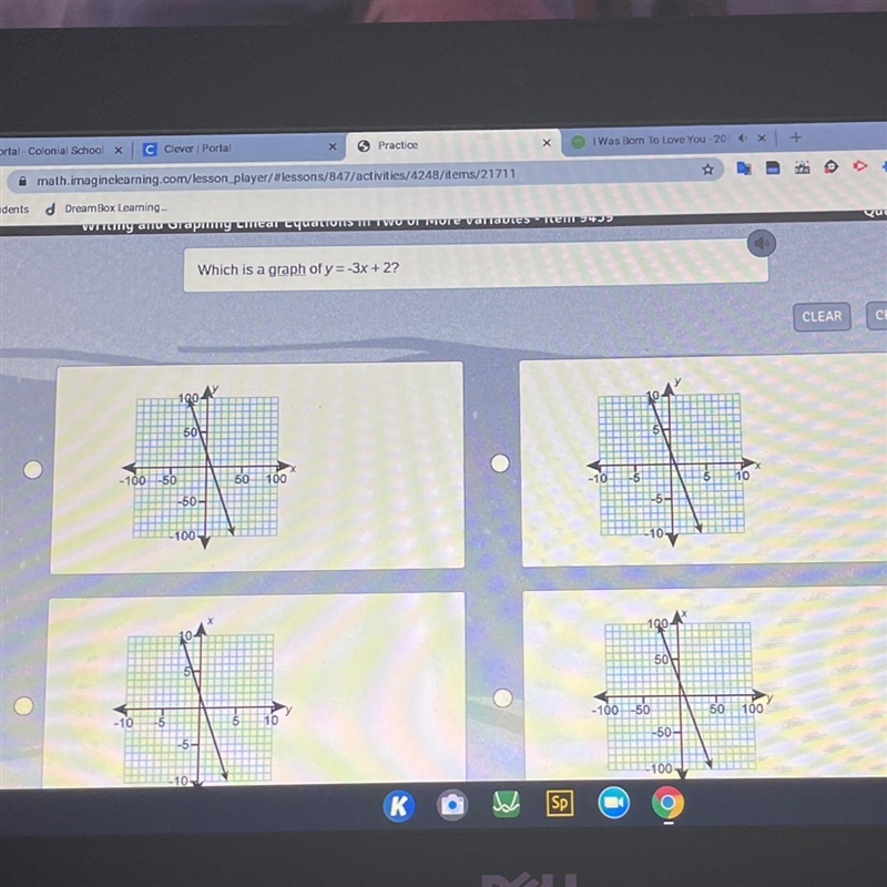 BESTIE HELP FAST !! Which is a graph of y=-3x + 2?-example-1