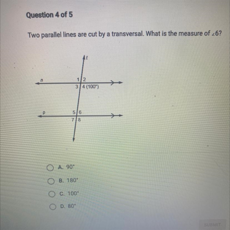 Two parallel lines are cut by a transversal. What is the measure of <6? n 12 3/4 (100) 56 7/8 O-example-1