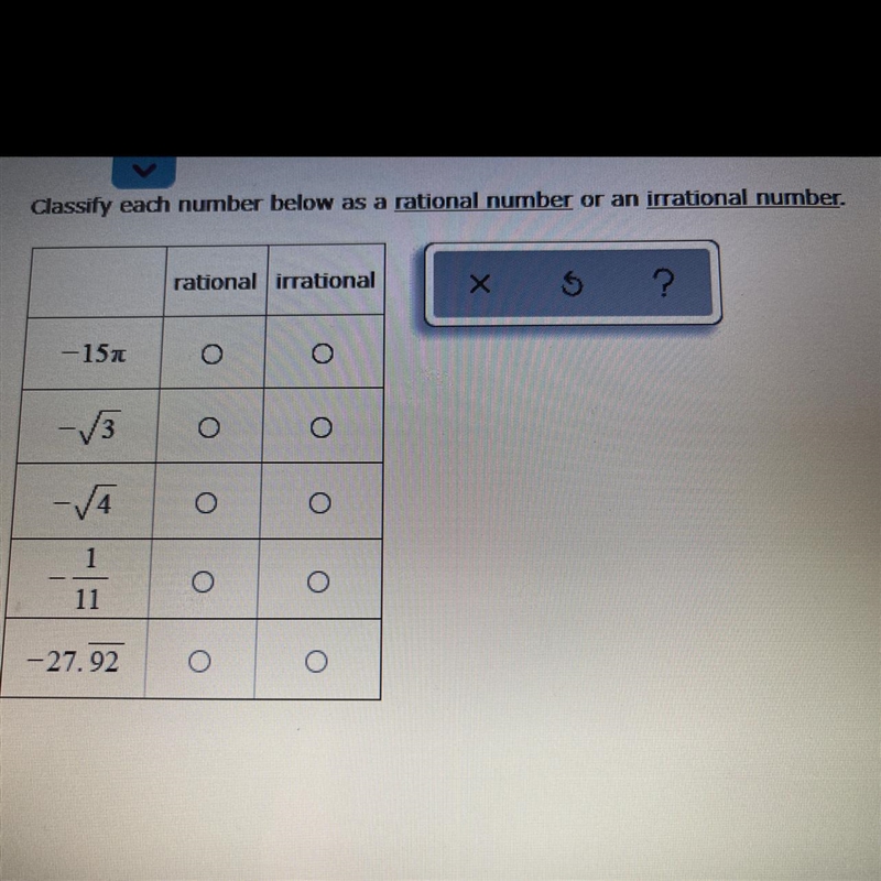 Classify each number below as a rational number or an irrational number.-example-1