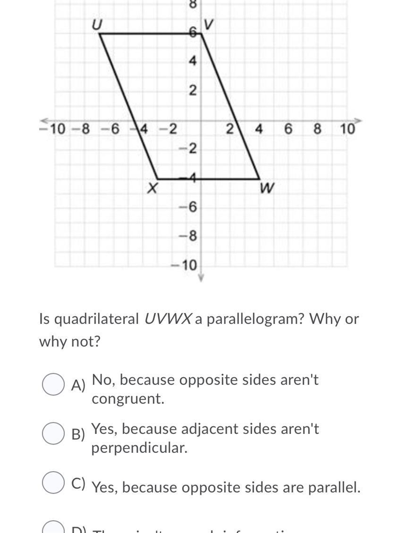 Is quadrilateral UVWX a parallelogram? Why or why not?-example-1