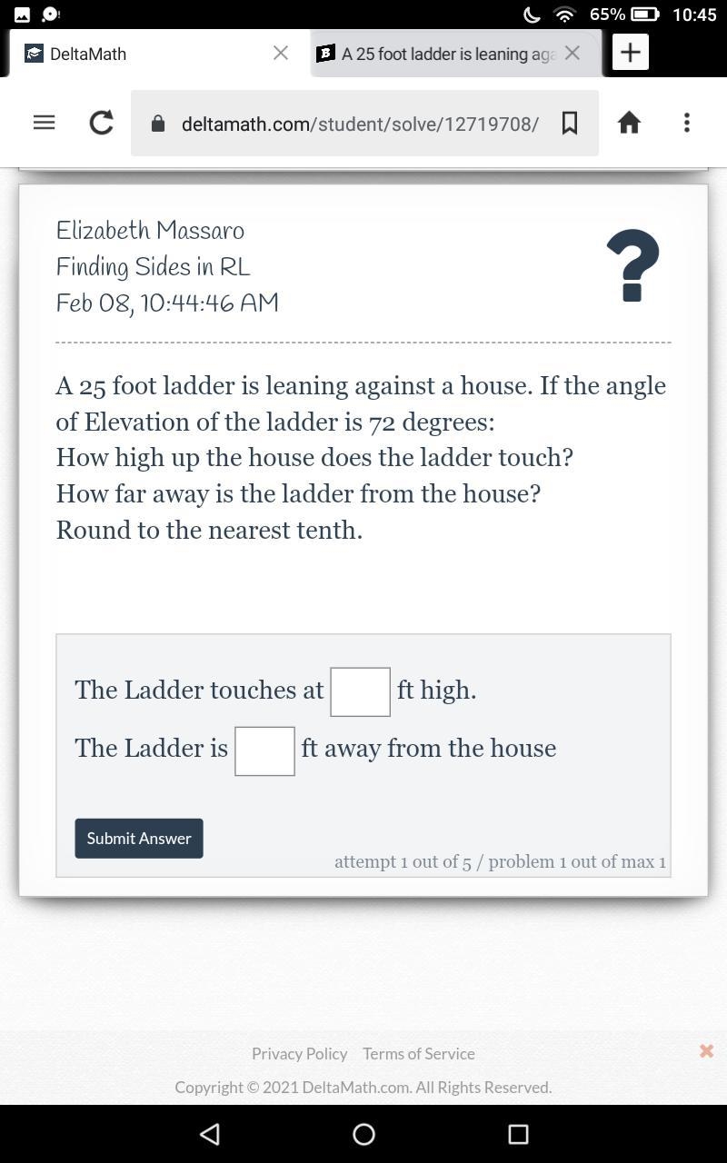 A 25 foot ladder is leaning against a house. If the angle of Elevation of the ladder-example-1