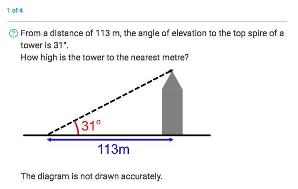 From a distance of 113 m, the angle of elevation to the top spire of a tower is 31°. How-example-1