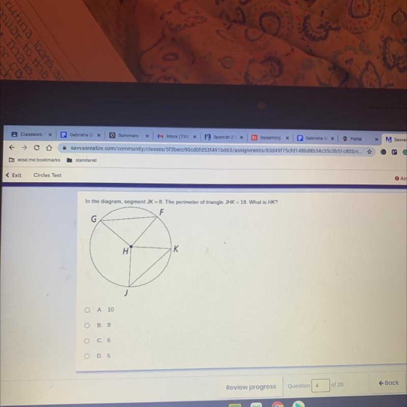 In the diagram, segment JK = 8. The perimeter of triangle JHK = 18. What is HK? F-example-1