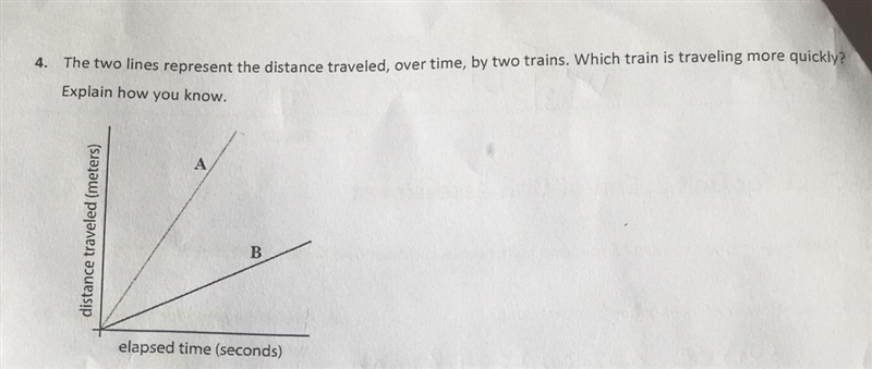 The two lines represent the distance traveled, over time, by two trains. Which train-example-1