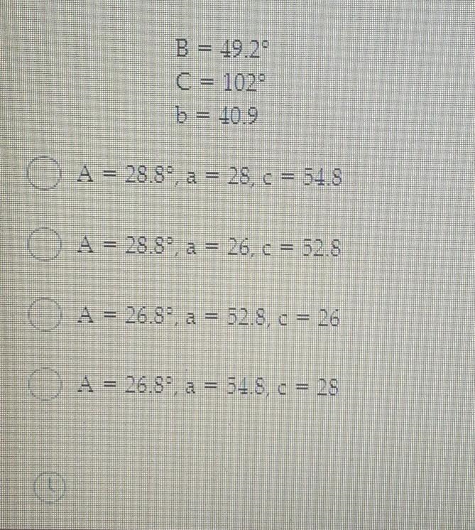 Solve the triangle. Round to the nearest tenth when neccesary or to the nearest minute-example-1