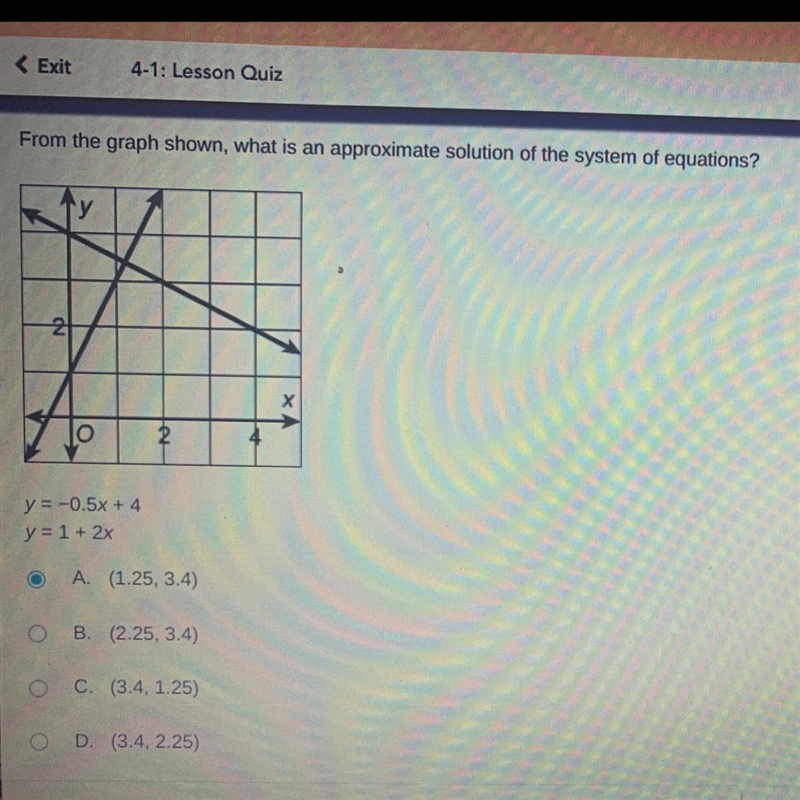 From the graph shown, what is an approximate solution of the system of equations?-example-1