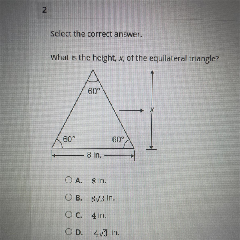 Select the correct answer. What is the height, x, of the equilateral triangle-example-1