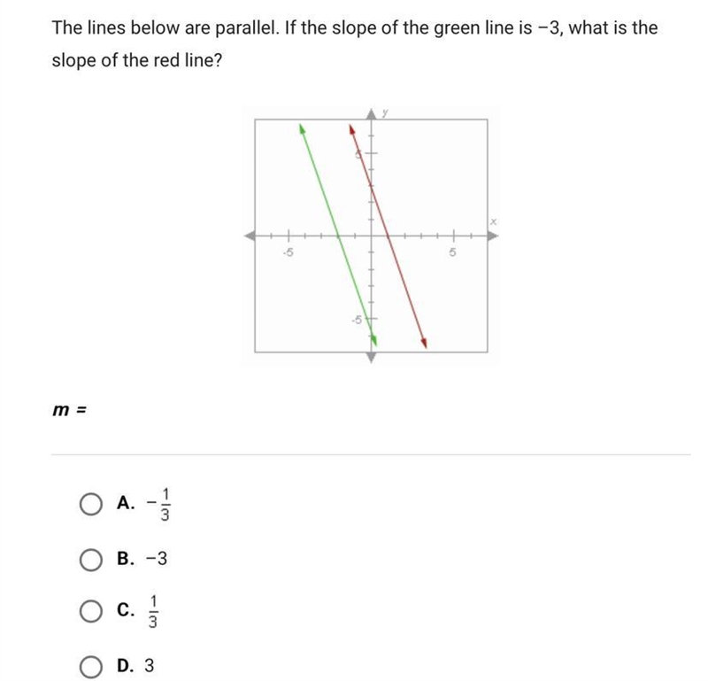 The lines below are parallel. If the slope of the green line is -3, what is the slope-example-1