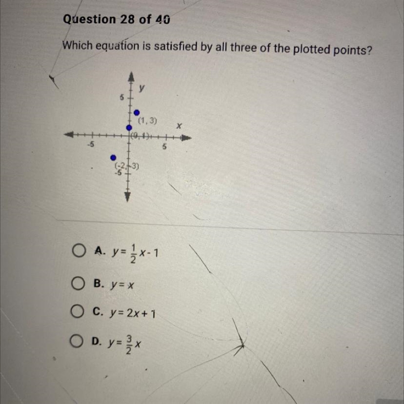 Plz help !!!! Which equation is satisfied by all three of the plotted points?-example-1