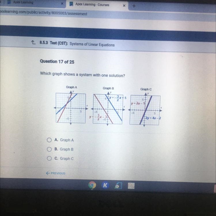 Which graph shows a system with one solution?-example-1