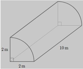 Each base in this right prism-like figure is a quarter of a circle with a radius of-example-1