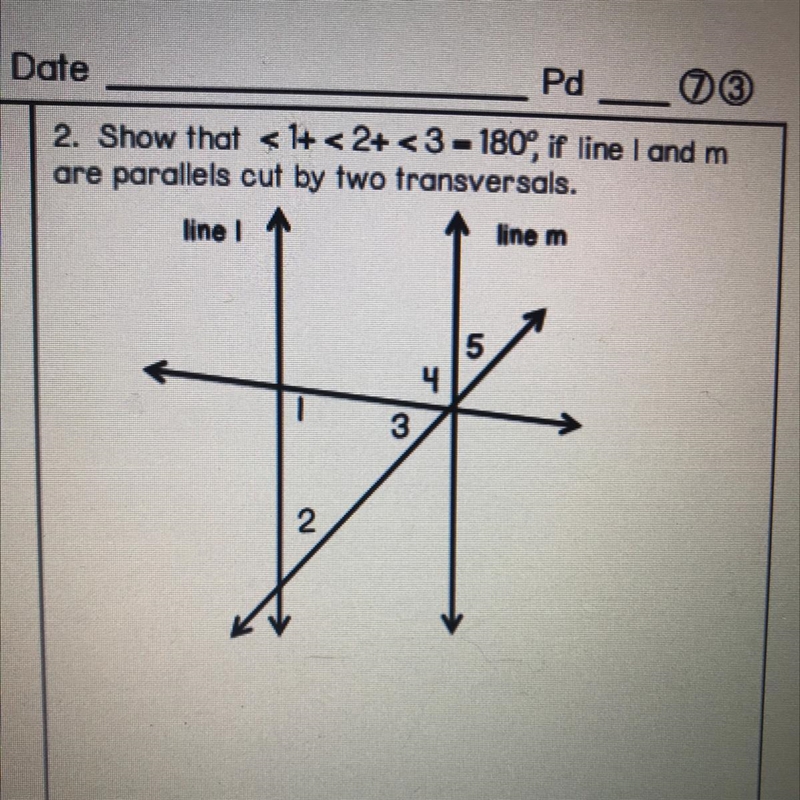 Show that <1+<2+<3=180, if line l and m are parallels cut by two transversals-example-1