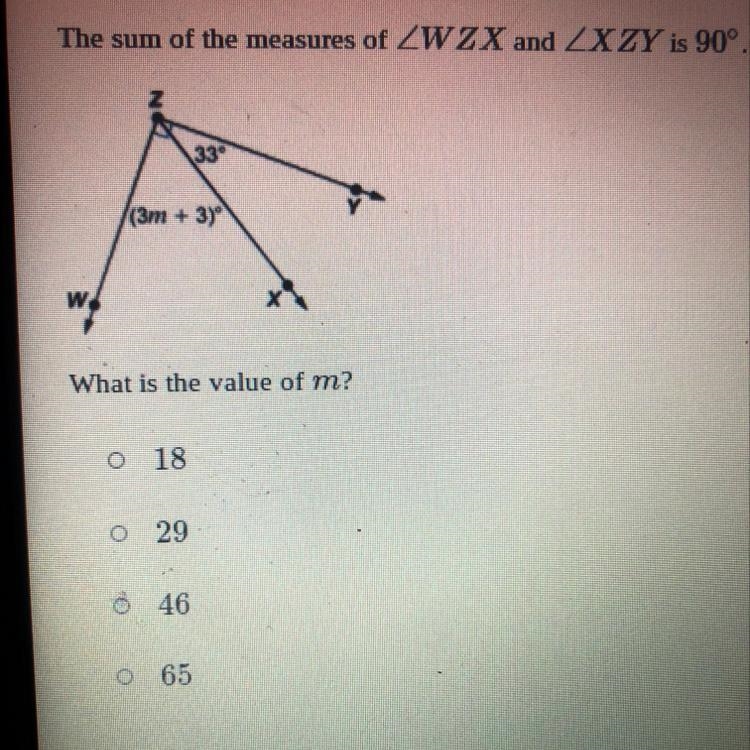 The sum of the measures of ZWZX and XZY is 90°. What is the value of m?-example-1