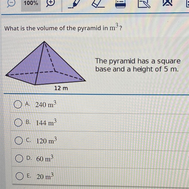 URGENT!!!!! What is the volume of the pyramid in mº? A. 240 m3 B. 144 m3 C. 120 m-example-1