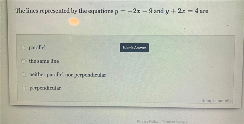 The lines represented by the equations y=-2x-9 and y+2x=4 are-example-1