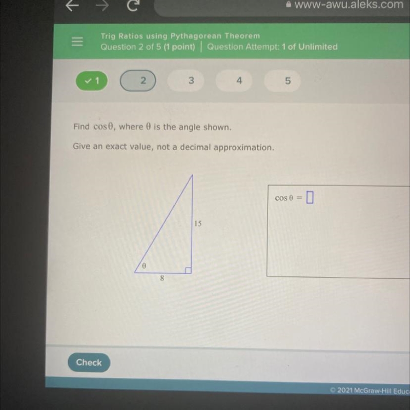 Find cos 0, where 0 is the angle shown. Give an exact value, not a decimal approximation-example-1