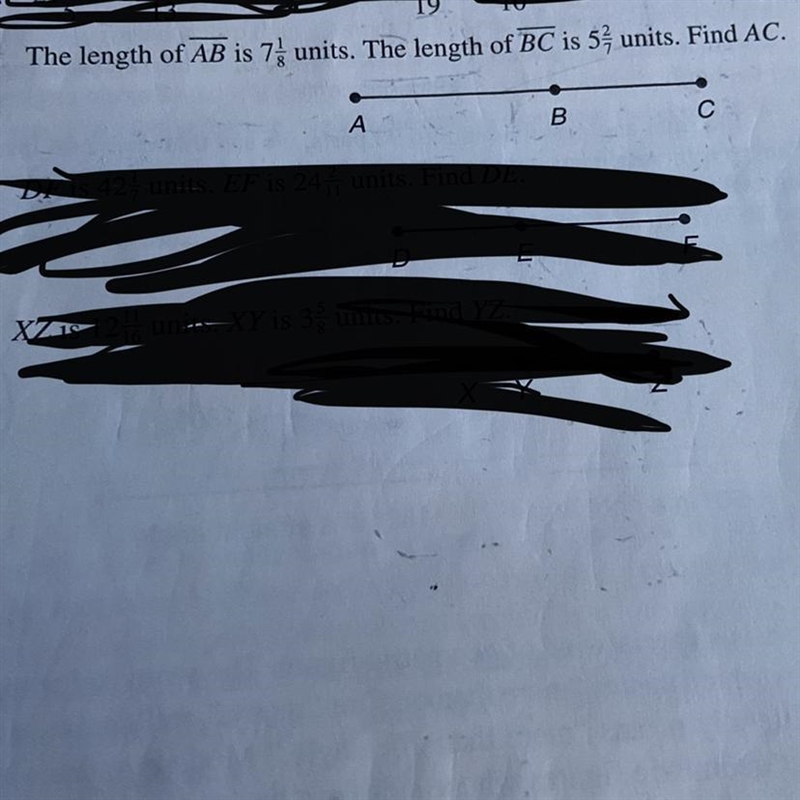 The length of AB is 7 1/8 units. The length of BC is 5 2/7 units. Find AC.-example-1