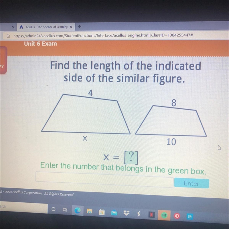 Find the length of the indicated side of the similar figure. x = [?] Enter the number-example-1