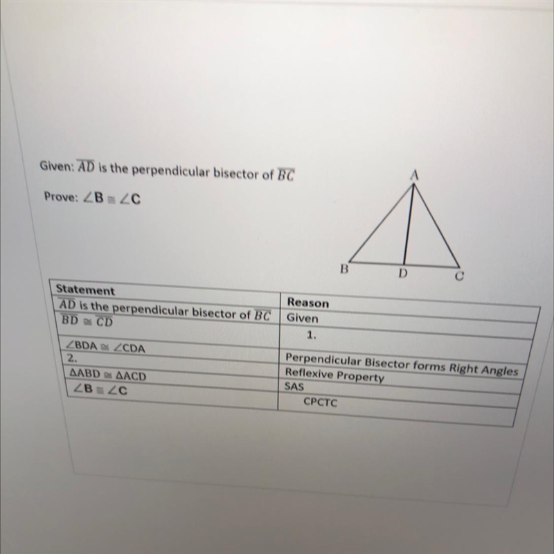 What is the missing reason for #1 in the proof below? A-Definition of bisector B-Given-example-1