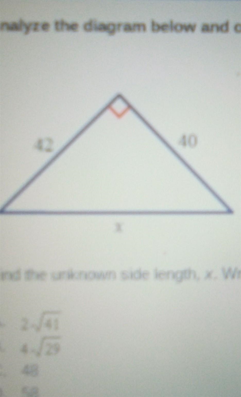 Find the unknown side length x right here answer in simplest radical form A.2√41 B-example-1