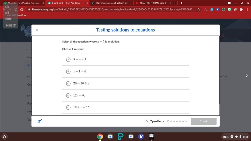 Select all the equations where z=5 is a solution.-example-1