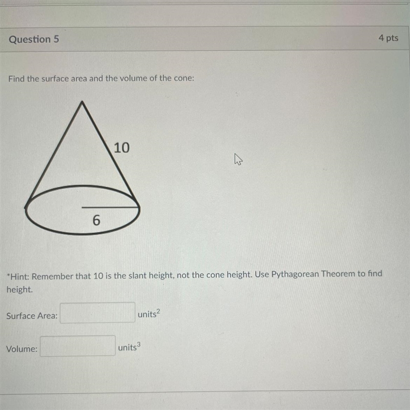 PLEASE HELP ASAP Find the surface area and the volume of the cone: *Hint: Remember-example-1