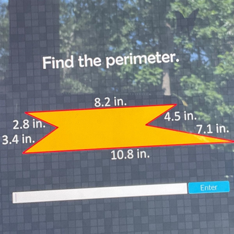 Find the perimeter. 8.2 in. 2.8 in. 3.4 in. 4.5 in. 7.1 in. 10.8 in. Enter-example-1