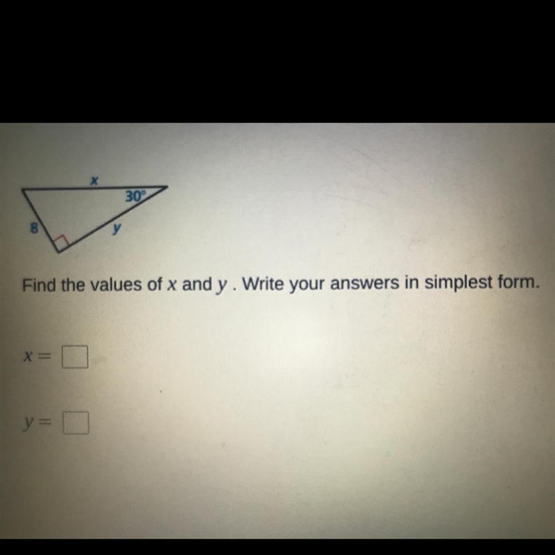 Find the values of x and y. Write your answers in simplest form.-example-1