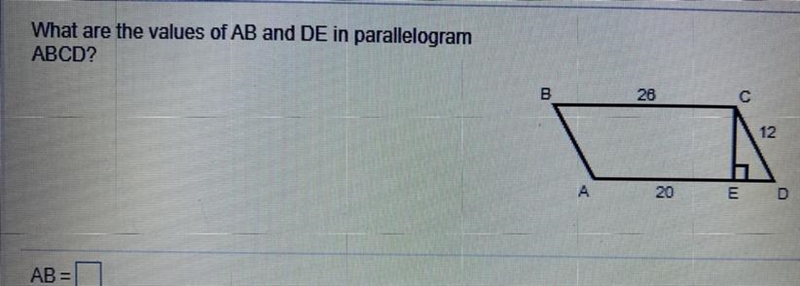 What are the values of AB and DE in parallelogram ABCD? AB=? PLEASE HELP-example-1