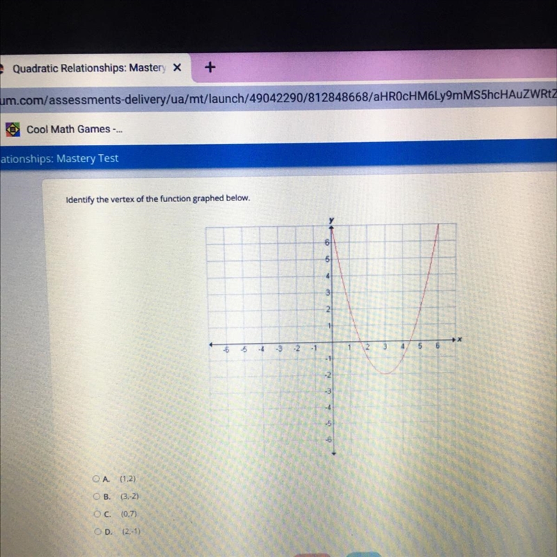 Identify the vertex of the function graphed below. A (1,2) B.(3,-2) C.(0.7) D. (2-1)-example-1